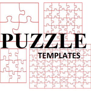 Puede incluir: Cuatro plantillas de rompecabezas diferentes con contornos rojos. Las plantillas son de diferentes tamaños y tienen diferentes números de piezas. La palabra "PLANTILLAS DE ROMPECABEZAS" está escrita en letras negras en el medio de la imagen.