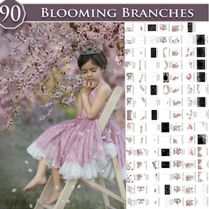 Può includere: Una bambina con un vestito rosa e una corona è seduta su una sedia di legno davanti a un albero con fiori rosa. Lo sfondo è un collage di 90 immagini diverse di fiori rosa, rami e foglie. Il testo "BLOOMING BRANCHES" è in cima al collage.