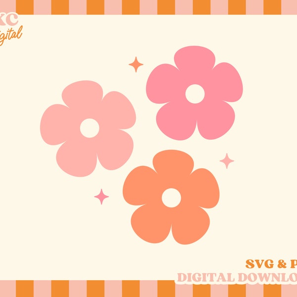 Groovy Flowers SVG Cut File | Retro Flower PNG for Sublimation | Commercial Use Files for Cricut, Silhouette | Trendy SVG Clip Art