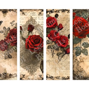 Printable Gothic Red Rose Bookmarks | Set Of 4 Bundle | Floral Bookmark | Witchy Bookmark | Bookish Gift | Goth Lover Gift | Page Marker