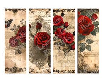 Printable Gothic Red Rose Bookmarks | Set Of 4 Bundle | Floral Bookmark | Witchy Bookmark | Bookish Gift | Goth Lover Gift | Page Marker