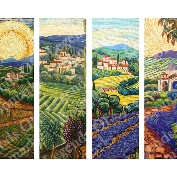 Printable Landscape Bookmarks | Set Of 4 Bookmark | Vineyard Wine | Bookish Gift | Book Lover Gift | Mosaic Art | Byzantine Tuscany Italy