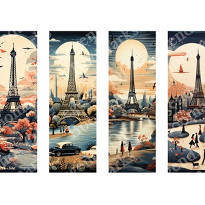 Segnalibri stampabili della Torre Eiffel di Parigi / Set di 4 / Segnalibro digitale / Parigi a mezzanotte / Regalo per gli amanti dei libri / Francia Vintage / Stampa parigina