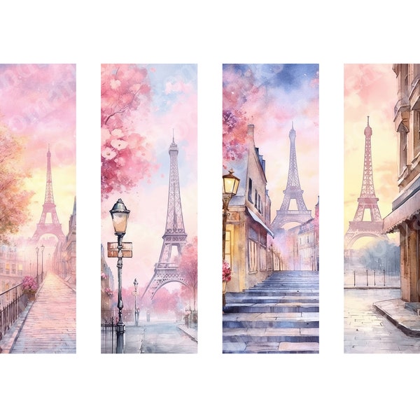 Marque-pages Tour Eiffel roses imprimables | Lot de 4 | Marque-page numérique | Aquarelle France | Cadeau pour amoureux des livres | Cadeau Paris | Rues parisiennes