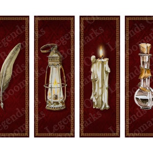 Printable Wizard Bookmarks | Set Of 4 | Quill Candle Lantern Potion | Magic Wizarding | Bookish Gift | Fantasy Bookmark | Book Lover Gift