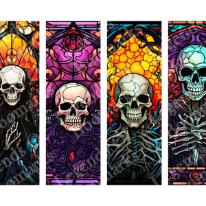 Printable Gothic Skull Bookmarks | 4 Bookmark Set | Halloween Bookmark | Page Marker | Stained Glass | Purple Orange | Creepshow Horror