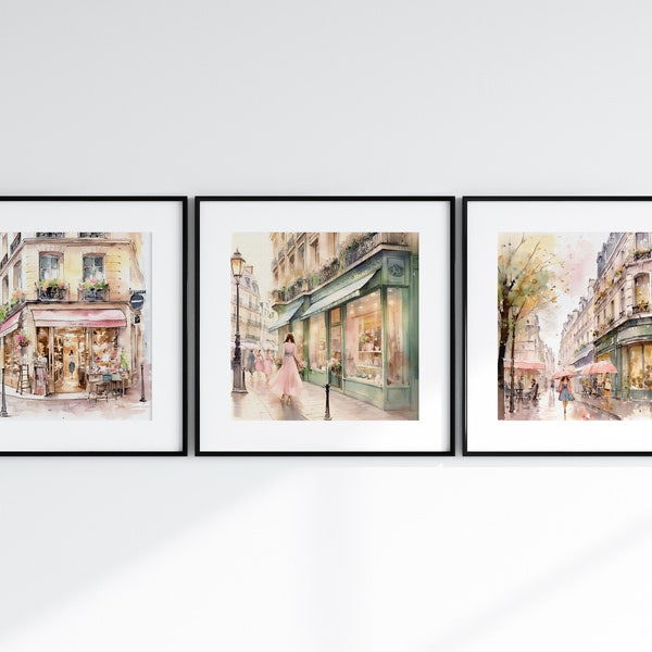 Printable Paris Street Shops France Wall Art | Set Of 3 | Square Art | 10 x 10 | 11 x11 | Instant Download | Watercolor Art | Digital Print