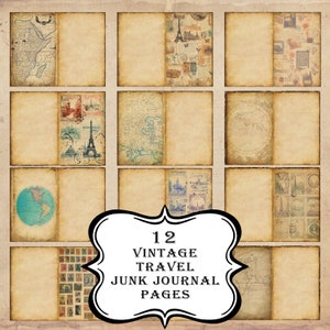 12 Printable Vintage Travel Junk Journal Pages - Postcard Junk Journal Papers - Junk Journaling Stamps - Vintage Map Ephemera Collage Sheets
