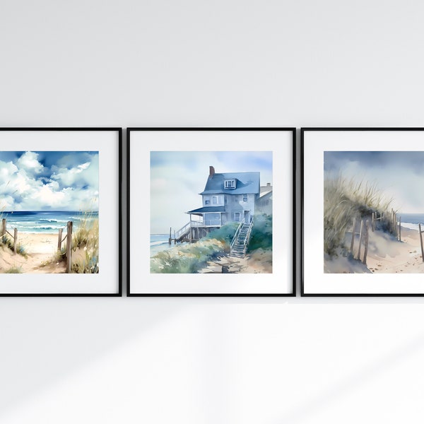 Set of 3 Printable Beach House Wall Art | Square Print | Watercolor Beach Summer Shack Coastal | Digital Print | 8 x 8 | 10 x 10 | 11 x11 |