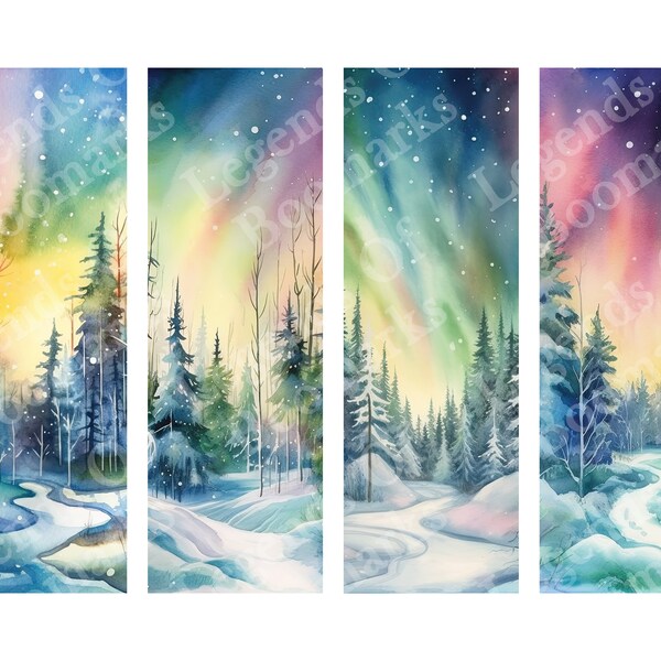 Printable Winter Bookmark | 4 Bookmark Set | Aurora Borealis Bookmark | Page Marker | Winter Wonderland | Snow Landscape | Northern Lights
