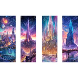 Printable Fantasy Sci-Fi Bookmark | 4 Bookmark Set | City Bookmark | Bookish Gift | Page Marker | DIY Bookmark | Cyberpunk City Bookmark