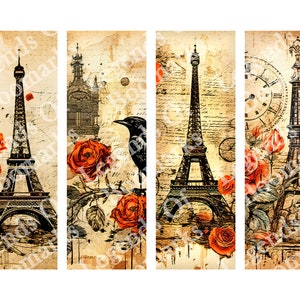 Printable Paris Bookmark | 4 Bookmark Set | Gothic Bookmark | Page Marker | Eiffel Tower Bookmark | Red Rose Bookmark | Gothic Crow Raven