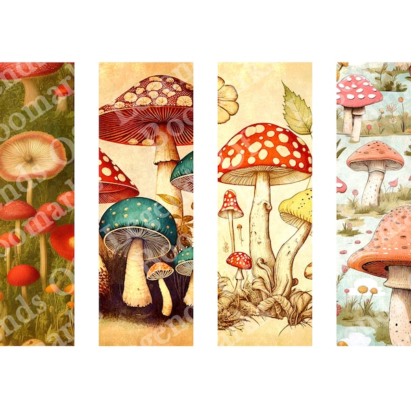 Printable Vintage Mushrooms Bookmarks | 4 Bookmark Set | Retro Bookmarks | Funghi Bookmark | Bookish Gift | Page Marker | Mycology Bookmarks