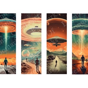 Printable Retro Sci-fi Bookmarks Set of 4 Vintage Retro Space UFO ...