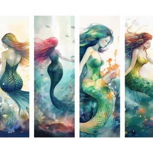 Printable Mermaid Bookmarks | Set Of 4 | Watercolor Mermaid | Beautiful Bookmark | Fantasy Bookmark | Book Lover Gift | Digital Download