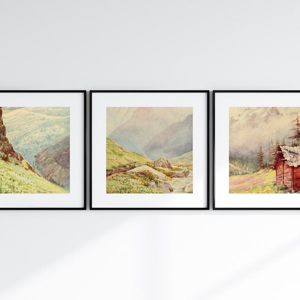 Set of 3 Printable Vintage Mountain Landscape Wall Art | Square Print | Mountain Cabin Hut | Instant Download | 8 x 8 | 10 x 10 | 11 x11