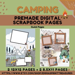 Camping - Premade Digital Scrapbook Pages| 2 12x12| 2 8.5x11| 4 Total Premade Layouts| Scrapbook Quick Pages| Digital Planner Insert