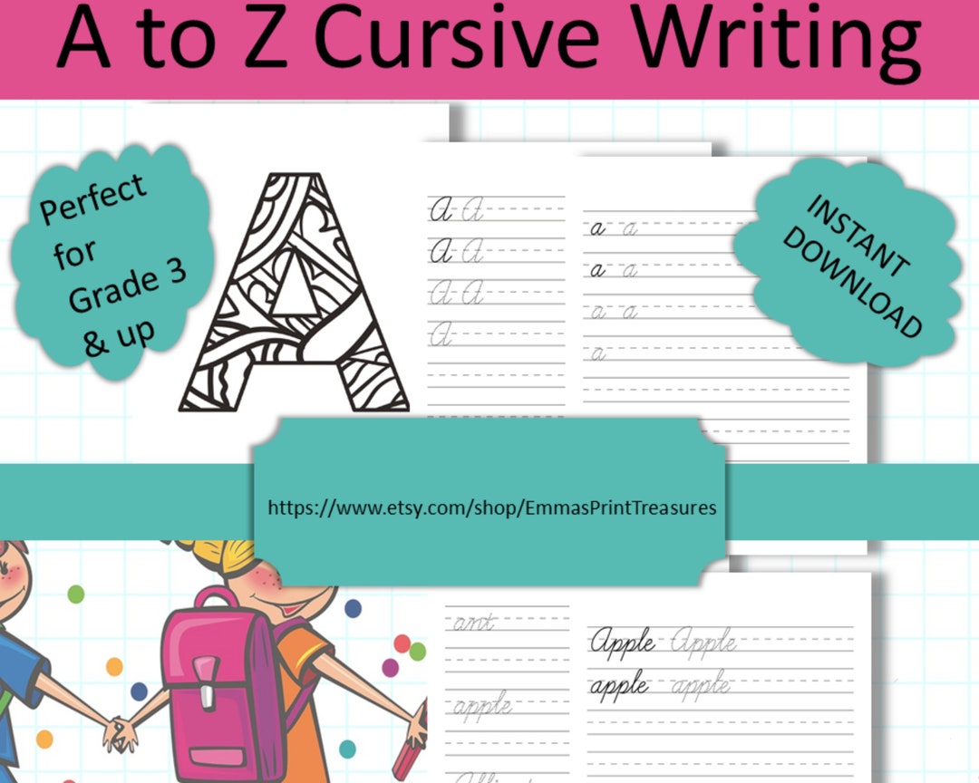 A to Z Cursive Writing Pack| 1 Cap Page, 1 Lower Page, 2 Word Page, 1 ...
