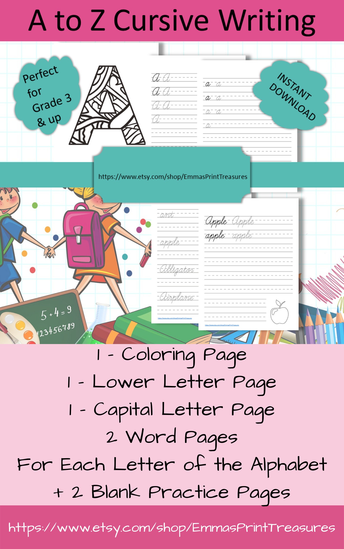 A to Z Cursive Writing Pack 1 Cap Page 1 Lower Page 2 Word | Etsy