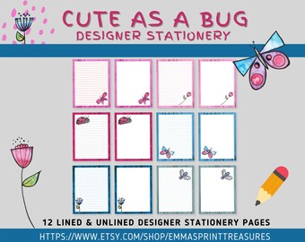 12 Cute As A Bug Stationery Pages |Digital Designer Stationery| Digital Download| Make Writing Fun Again| Planner Insert