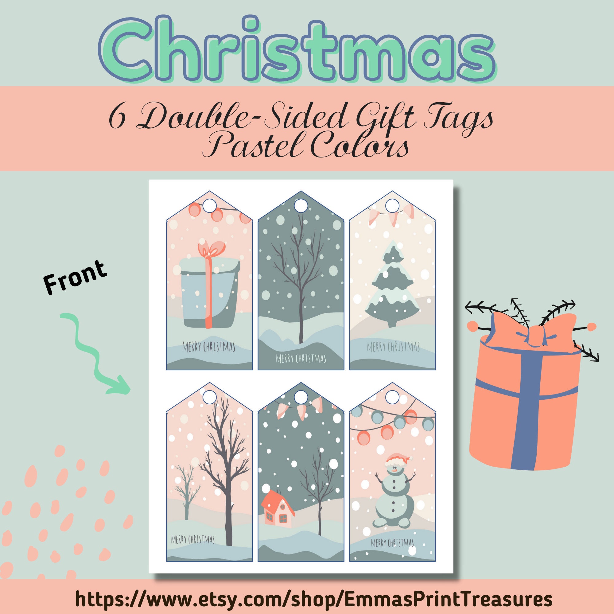 6 Printable Christmas Gift Tags - Pastel| Double-sided| Digital ...