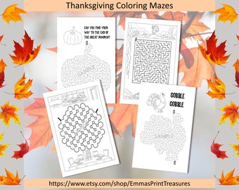 Thanksgiving Coloring Mazes| Mazes and Solutions| Relax and Enjoy Solving These Fun Filled Pages| Digital Download| Great for All Ages
