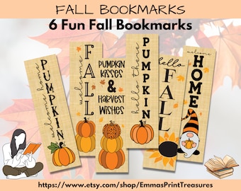6 Fun Fall Bookmarks| 2x6 in| Booklover Gift| Digital Download| Printable Bookmark Template