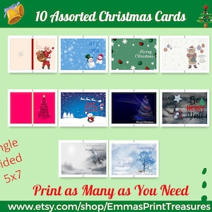 10 cartões de Natal variados | 5x7| Download instantâneo | Variedade para todos | Cartões de felicitações de uma só face | Imprima e vá!