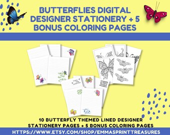 Butterflies Digital Designer Stationery + 5 Bonus Coloring Pages| Digital Download| Make Writing Fun Again| Planner Insert