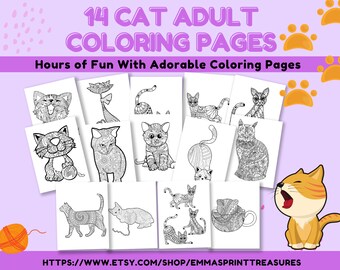 14 Adorable Cat Adult Coloring Pages| Hours of  Fun| Reduce Your Stress With Coloring| Instant Download| Use As Digital Planner Page Inserts