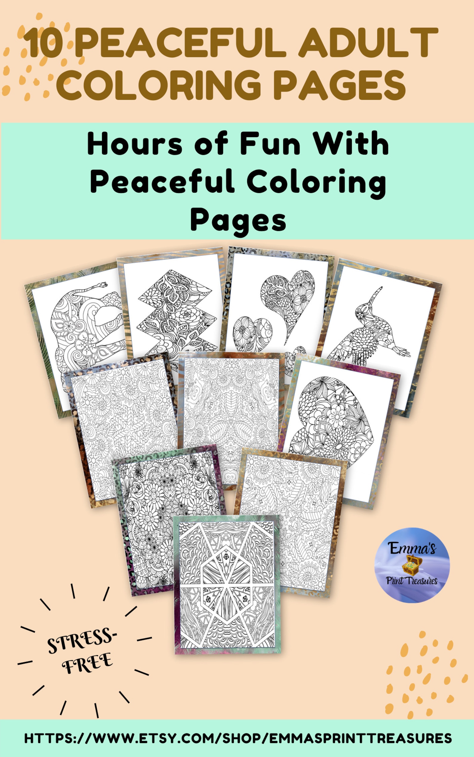 10 Peaceful Adult Coloring Pages 4 Horizonal 6 Vertical Pages Animals ...