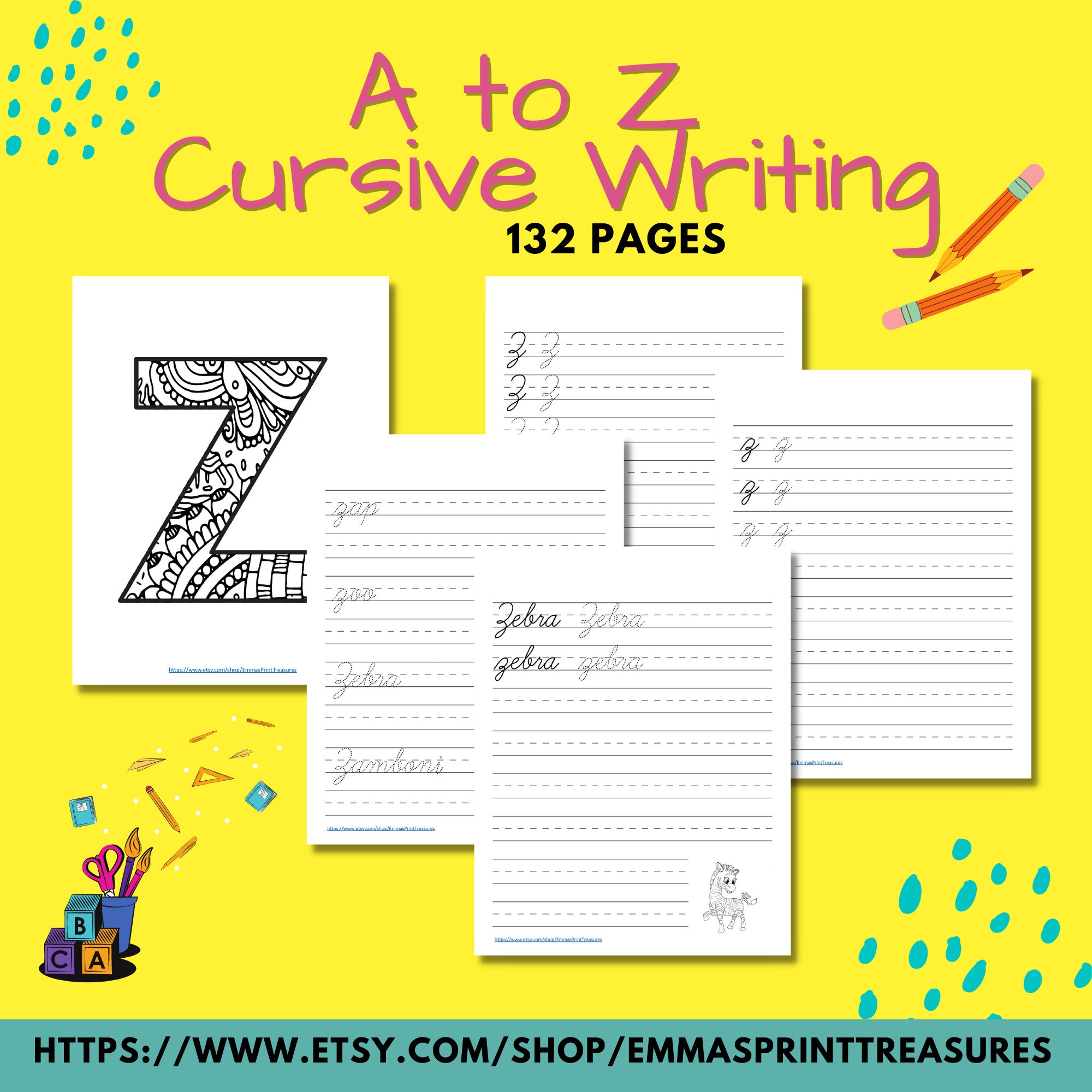 A to Z Cursive Writing Pack| 1 Cap Page, 1 Lower Page, 2 Word Page, 1 ...
