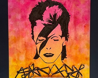 David Bowie Portrait, Made of Cassette Tape on Canvas Panel, Red Orange Watercolor Painting with Collage, Solid Wood Frame, Original Artwork