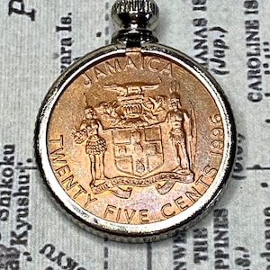 Jamaica 25 Cents Coin Pendant Keychain 1996 Jamaican Coin Keepsake