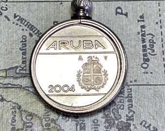 Aruba Coin 25 Cent Florin Coin Pendant Necklace Dutch Indies Coin 2003, 2004