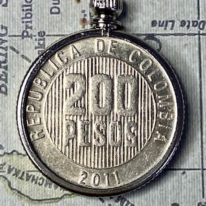 Colombia 200 Pesos Coin Pendant Necklace 2011 Colombian Peso Coin Keepsake