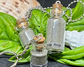 Costa Rica Beach Sand Glass Jar Hanger Ketting met Zilveren Zeester Charme, Guanacaste Vulkanisch Zwart Zand Sleutelhanger, Verschillende Maten