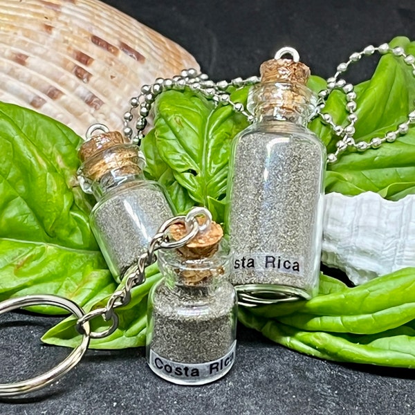 Costa Rica Beach Sand Glass Jar Pendant Necklace with Silver Starfish Charm, Guanacaste Volcanic Black Sand Keychain, Various Sizes