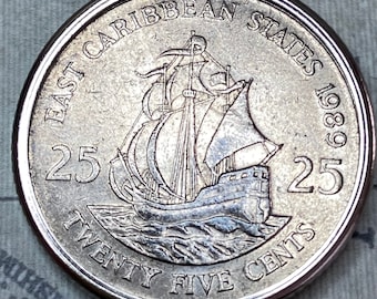 Eastern Caribbean Territories 25 Cent Sailboat Coin Pendant Necklace ECS Maritime Sailing Coin
