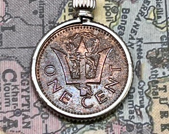 Barbados 1 Cent Coin Pendant Necklace 1981 Barbados Trident Coat of Arms, Caribbean Coin