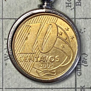 Brazil 10 Centavos Coin Pendant Necklace, Brazil Ten Cent Coin Souvenir, Various Years 2005, 2007, 2008, 2011
