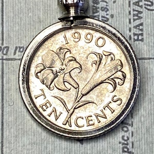Bermuda 10 Cent Coin Pendant Necklace 1990 Bermuda Lily Flower Coin