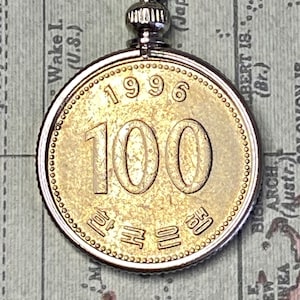 South Korea 100 Won Coin Pendant Necklace, Korean Coin Keepsake, Various Years 1987 1992 1996 2002 2011