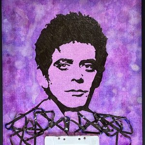 Portret Lou Reed, gemaakt van cassettebandje op canvaspaneel, aquarel met massief houten lijst, origineel kunstwerk, Velvet Underground