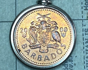 Barbados 1 Cent Coin Pendant Necklace 2000 Barbados National Pride Copper Penny, Caribbean Island