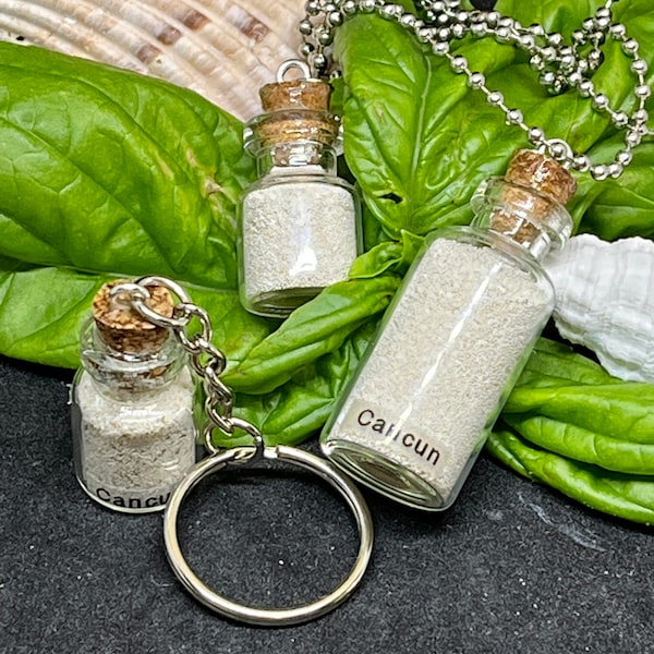 Cancun Mexico Beach Sand Pendant Necklace with Silver Shell Charm, Mexico Sand Keychain, Various Sizes