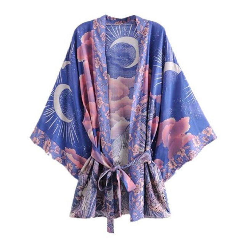 Pink and Blue Celestial Moon Goddess Print Kimono Robe | Etsy