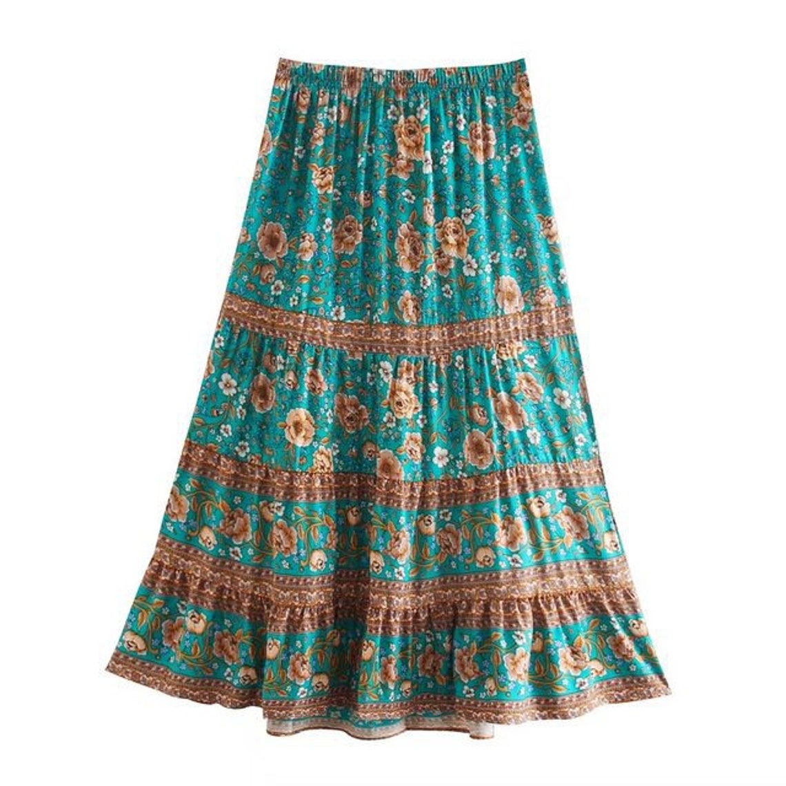 Teal/Turquoise Floral Bohemian Midi Skirt | Etsy