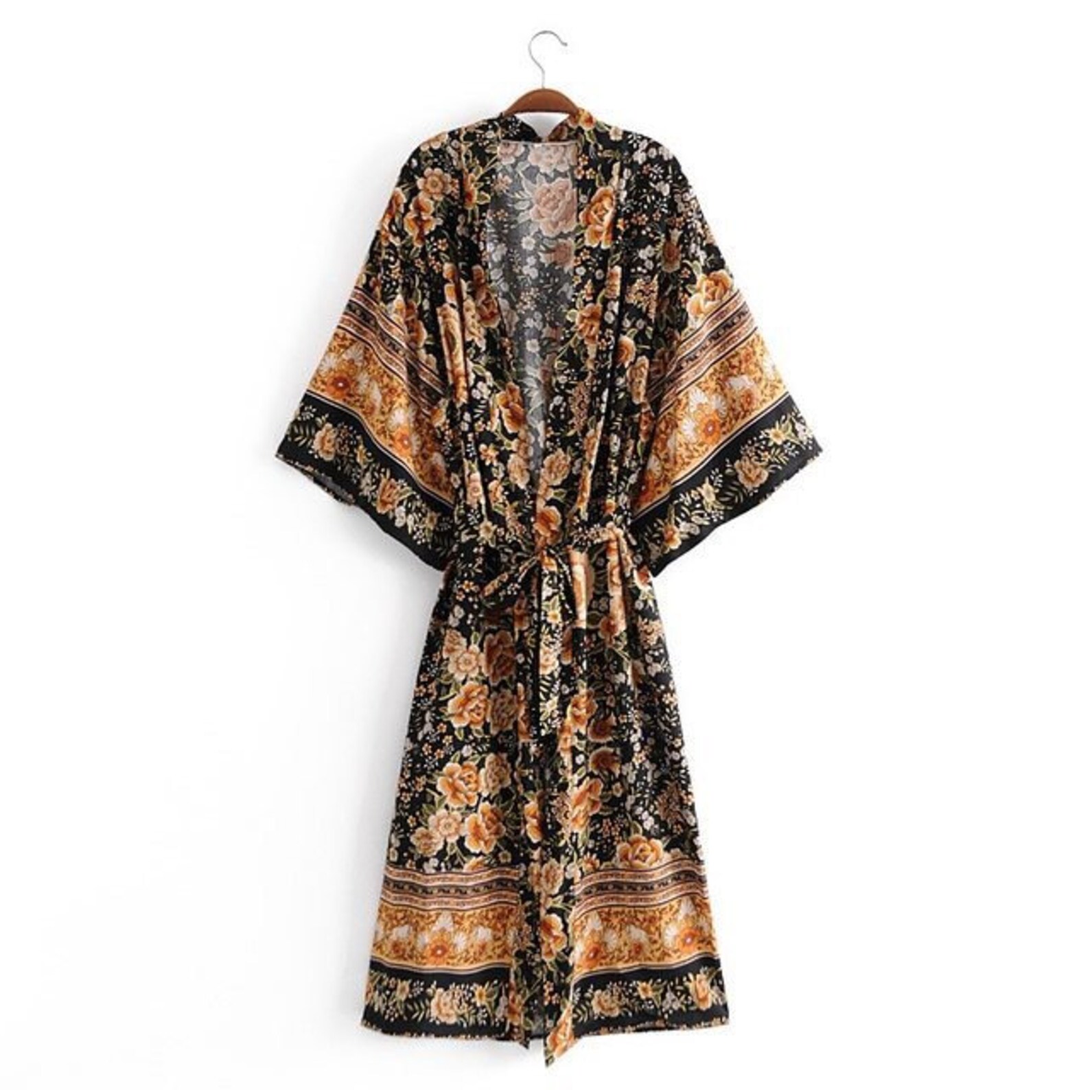 Black and Mustard Floral Bohemian Kimono Robe Etsy