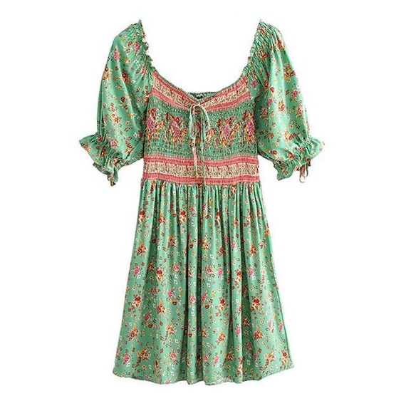 Mint Green Floral Boho Ruched Mini Dress | Etsy